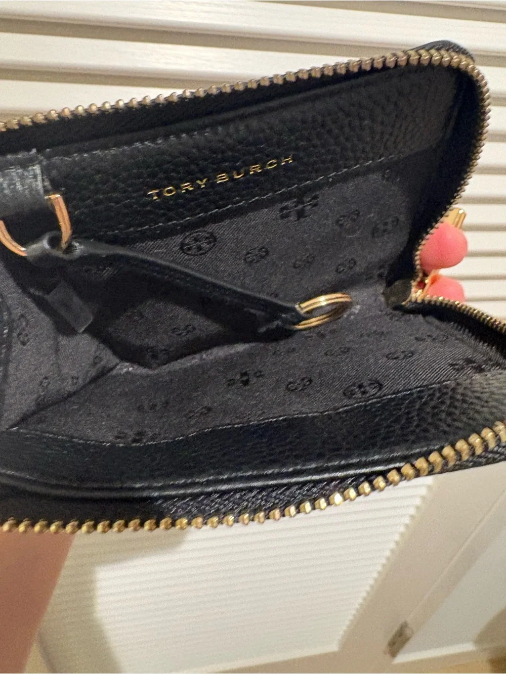 Tory Burch Black Pebbled Leather Zip Card Wallet with Gold Logo